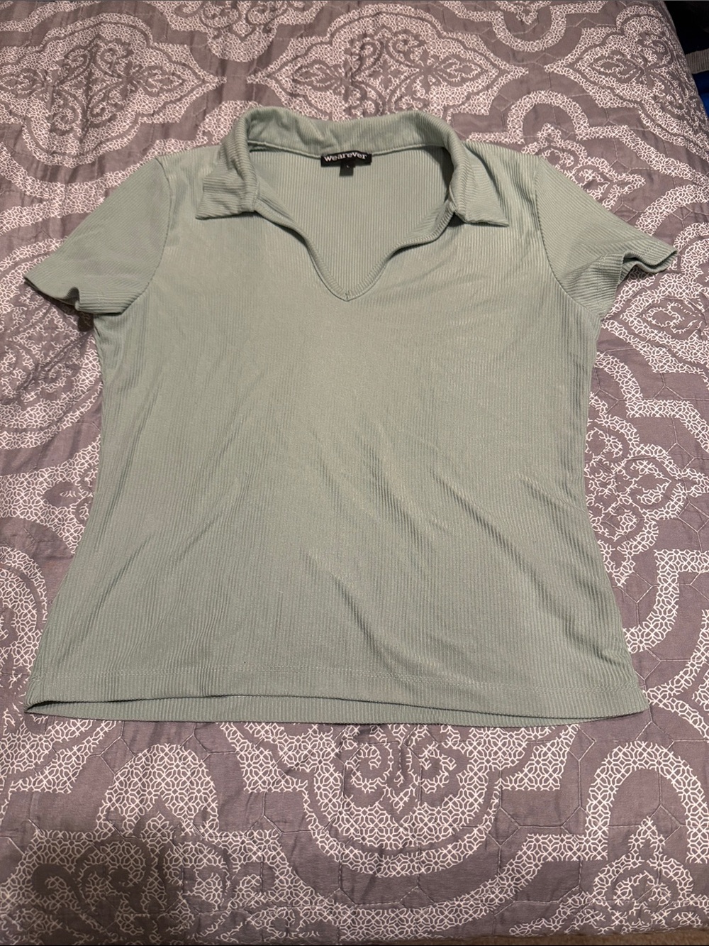 Olive green Ribbed Polo V-Neck Top